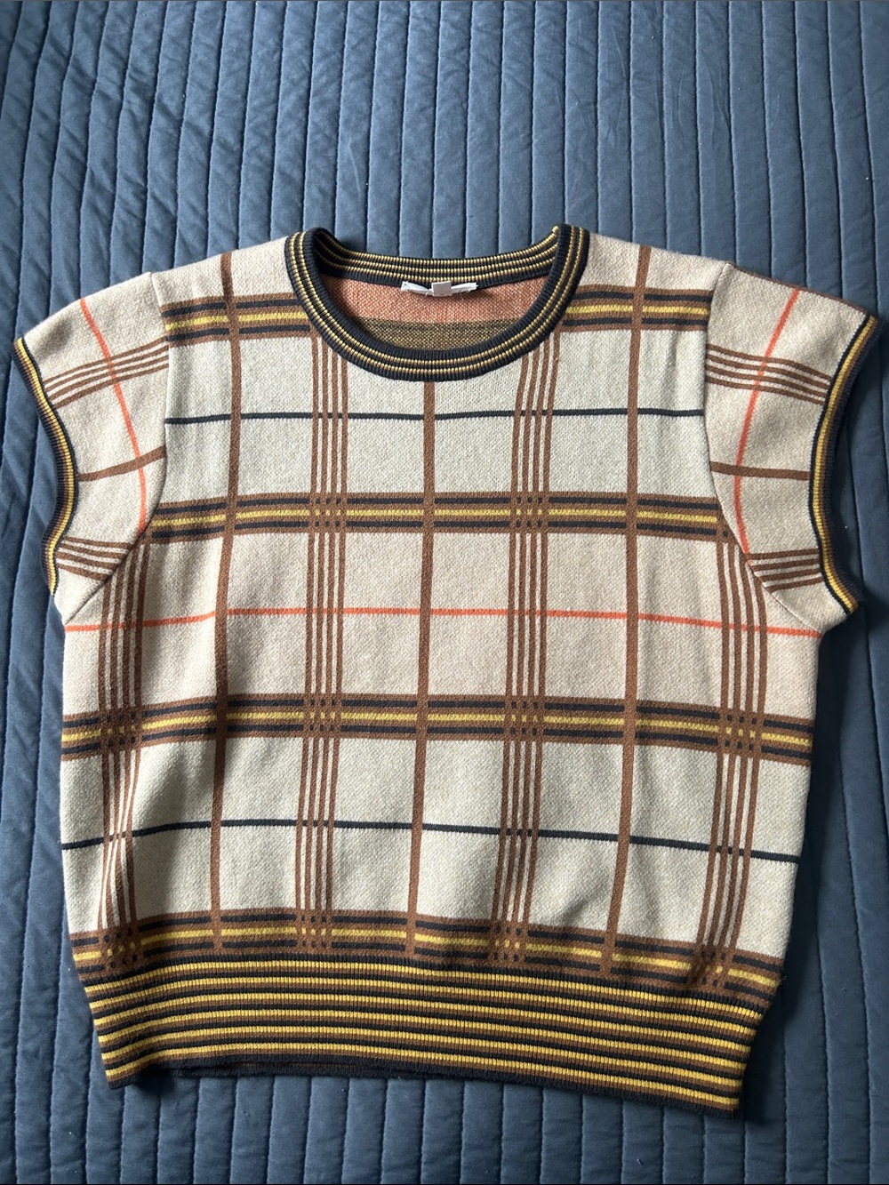 NWOT THML Cream Plaid Knit Cap-Sleeve Top with Brown and Mustard Stripes